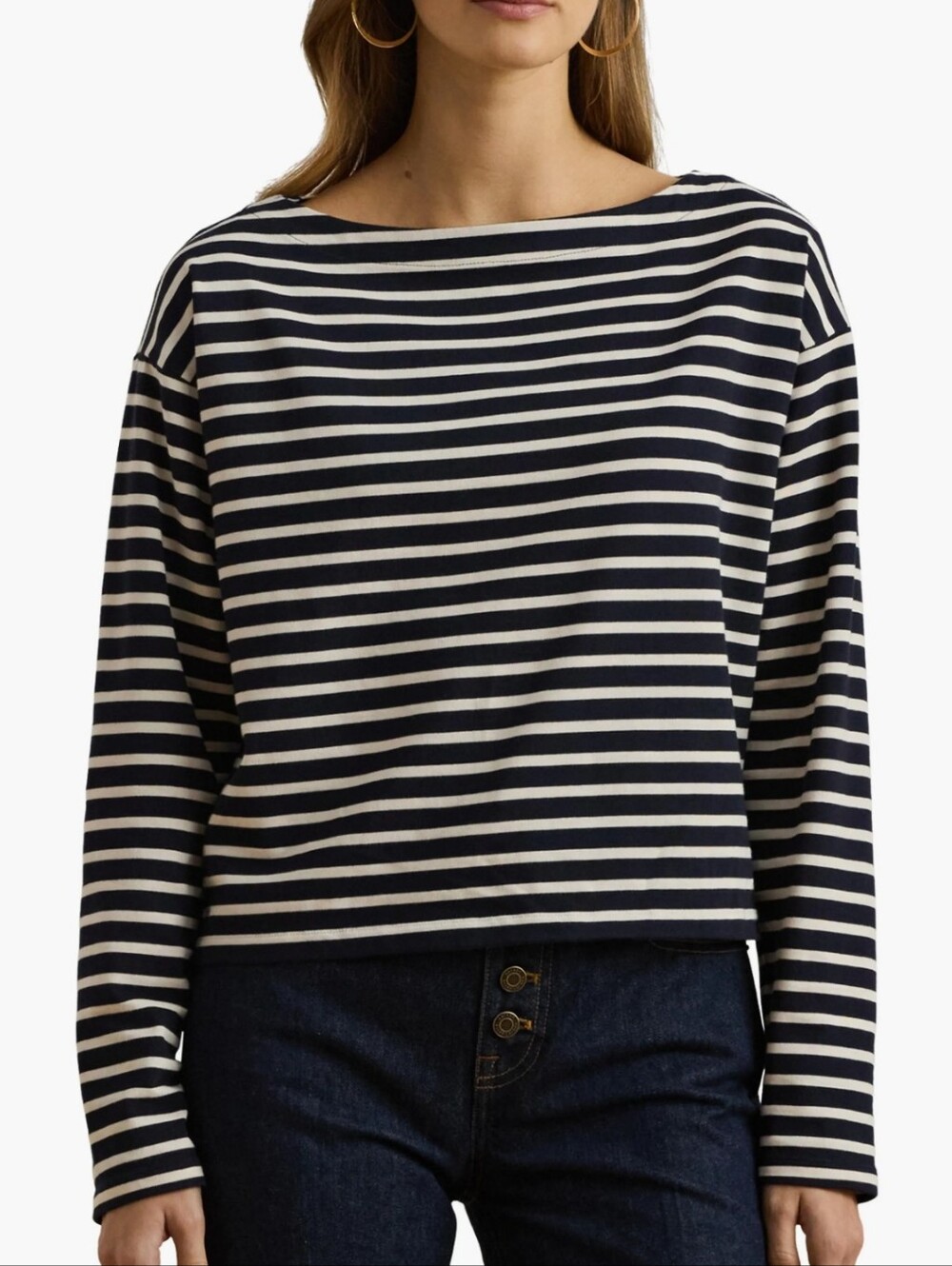Lauren Ralph Lauren Striped Cotton Boat Neck Top Navy Cream